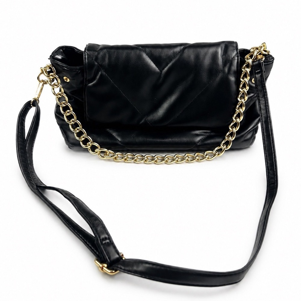 Grossi Vintage Y2K Black Leather Slouchy Shoulder Bag Gold Chain Strap